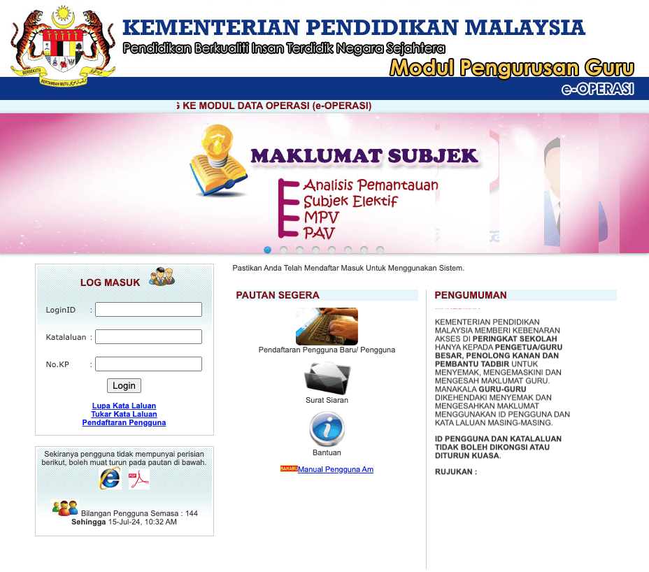 eOperasi Login Untuk Semak Dan Kemaskini Data Guru/Staf