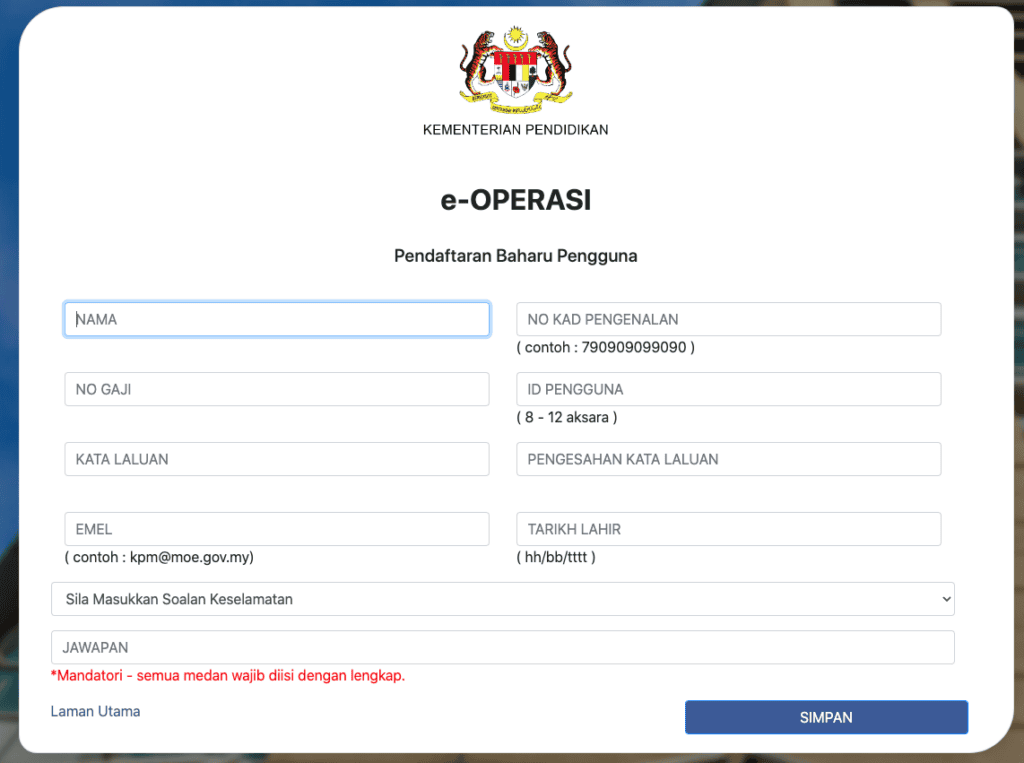 eOperasi Login Untuk Semak Dan Kemaskini Data Guru/Staf