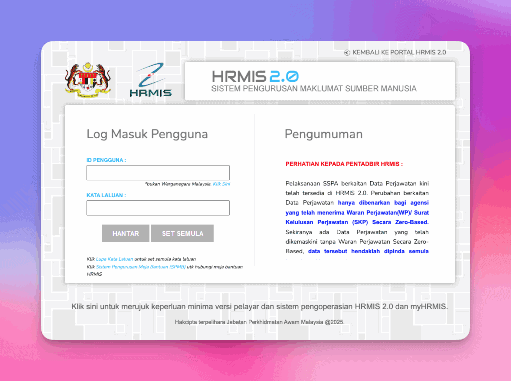 Login screen HRMIS 2.0 di https://hrmis2.eghrmis.gov.my/
